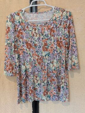 Amazon Floral Pleated Long Sleeve Top in Rust, Lavender & Cream